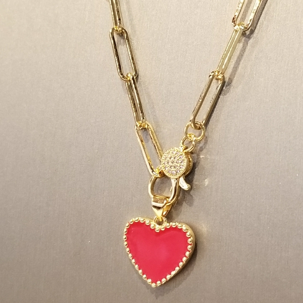 Red Enamel Heart Gold Paperclip Chain Necklace - Picture 4 of 7
